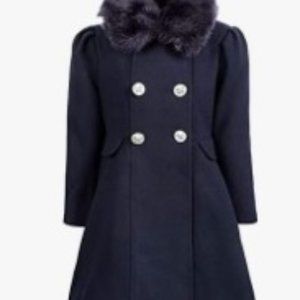 NWT Rothschild Detachable Faux Fur Trim Collar Princess Coat Navy - 6X